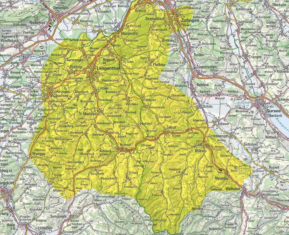 Seit 2006 erarbeitet, die «neophytenarmen Zone» in den nördlichen Napfausläufern (gelb eingefärbt) Neophytenarme Zone